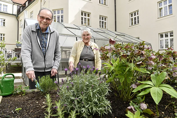 Ältern Herr und Dame vor Gewächshaus lachen in die Kamera
