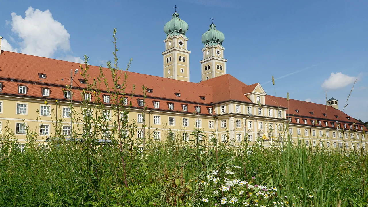 Ein gelbes, alts großes Gebäude mit grüner Wiese davor.